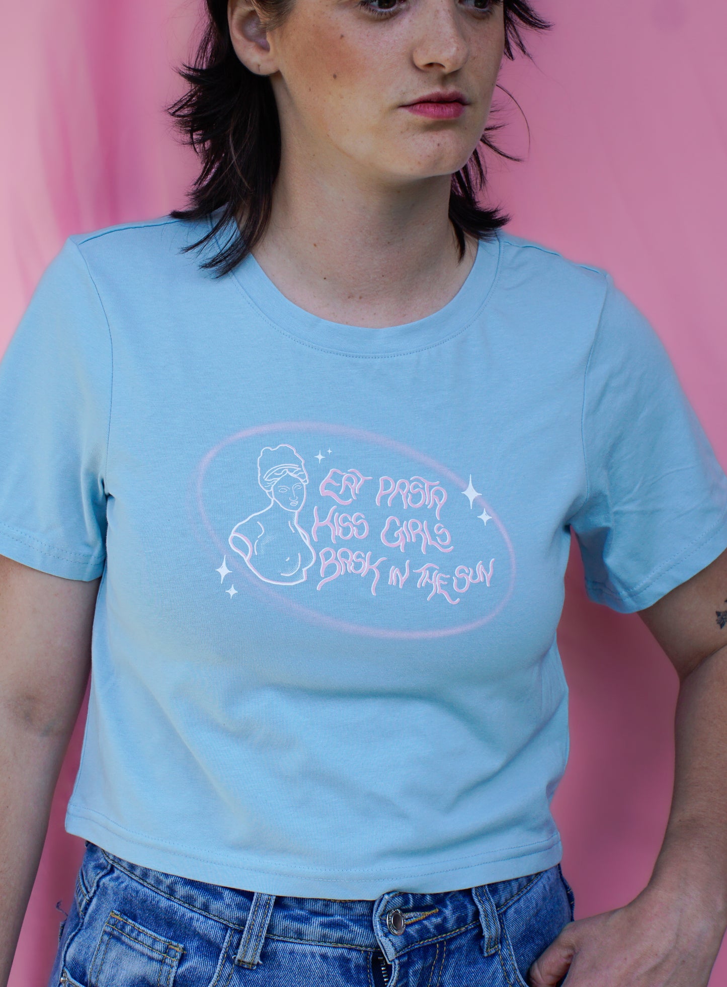 Eat pasta, kiss girls, bask in the sun baby tee.