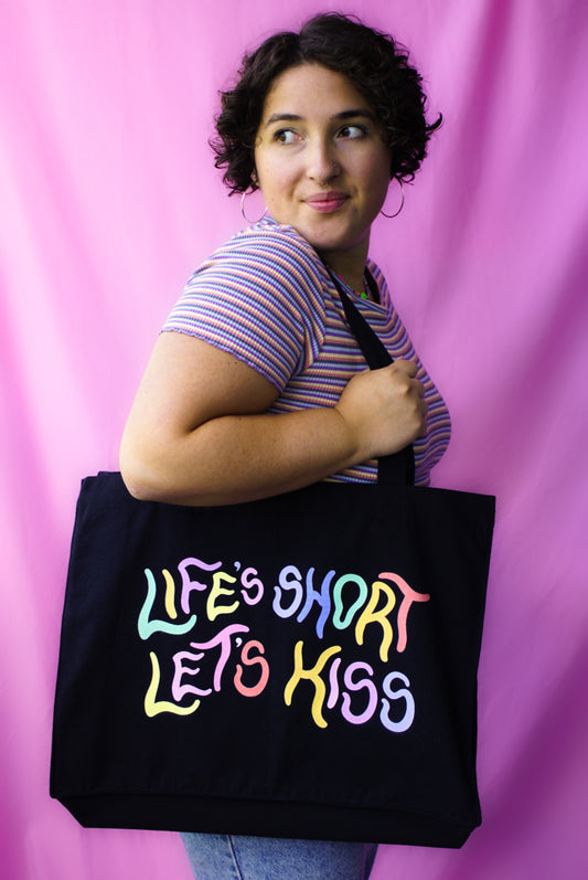 Life's short let's kiss oversized recycled tote bag