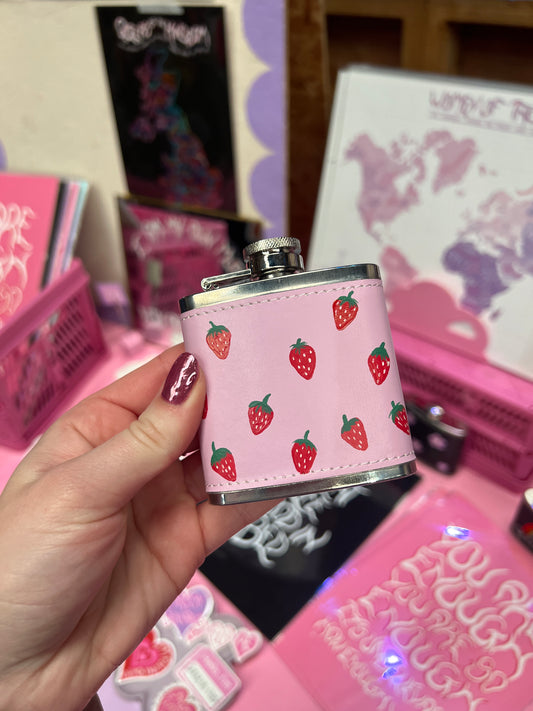 strawberry pink handpainted hip flask